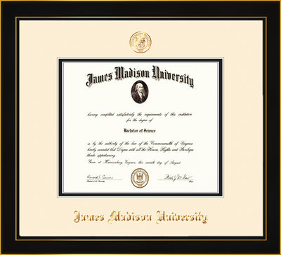 Image of James Madison University Diploma Frame - Honors Black Satin - w/Embossed Seal & Name - Cream on Black mat