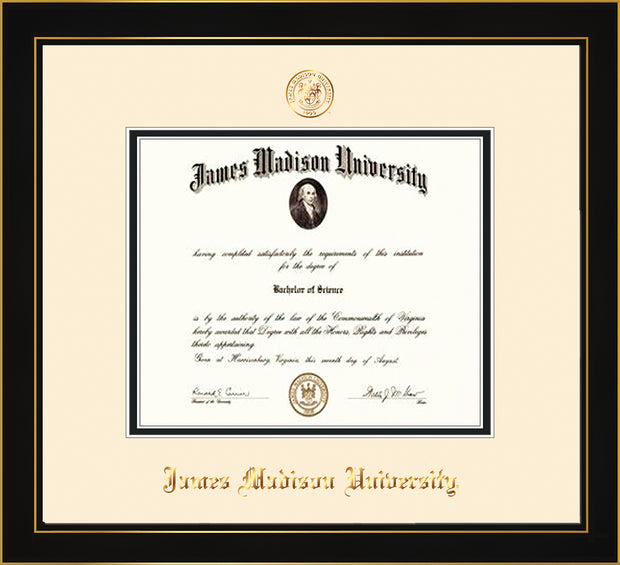 Image of James Madison University Diploma Frame - Honors Black Satin - w/Embossed Seal & Name - Cream on Black mat