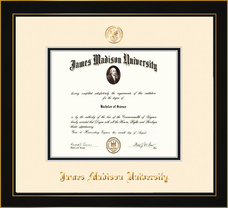 Image of James Madison University Diploma Frame - Honors Black Satin - w/Embossed Seal & Name - Cream on Black mat