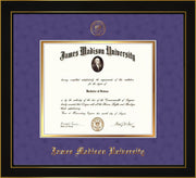 Image of James Madison University Diploma Frame - Honors Black Satin - w/Embossed Seal & Name - Purple Suede on Gold mat