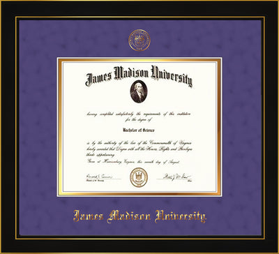 Image of James Madison University Diploma Frame - Honors Black Satin - w/Embossed Seal & Name - Purple Suede on Gold mat