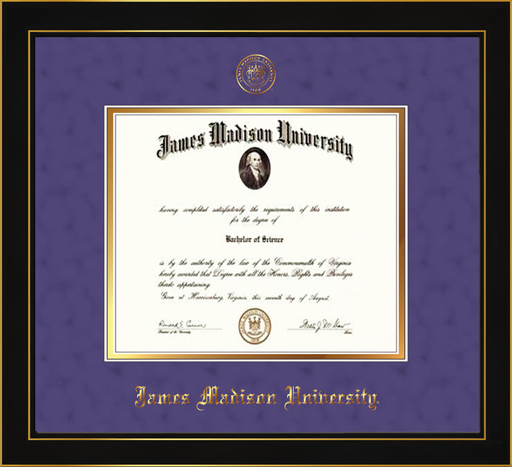 Image of James Madison University Diploma Frame - Honors Black Satin - w/Embossed Seal & Name - Purple Suede on Gold mat