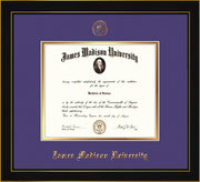 Image of James Madison University Diploma Frame - Honors Black Satin - w/Embossed Seal & Name - Purple on Gold mat