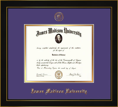 Image of James Madison University Diploma Frame - Honors Black Satin - w/Embossed Seal & Name - Purple on Gold mat