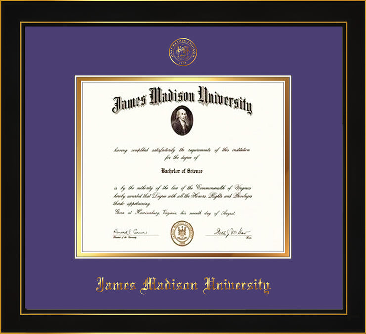 Image of James Madison University Diploma Frame - Honors Black Satin - w/Embossed Seal & Name - Purple on Gold mat
