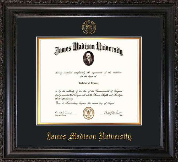 Image of James Madison University Diploma Frame - Vintage Black Scoop - w/Embossed Seal & Name - Black on Gold mat