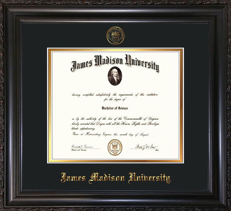 Image of James Madison University Diploma Frame - Vintage Black Scoop - w/Embossed Seal & Name - Black on Gold mat