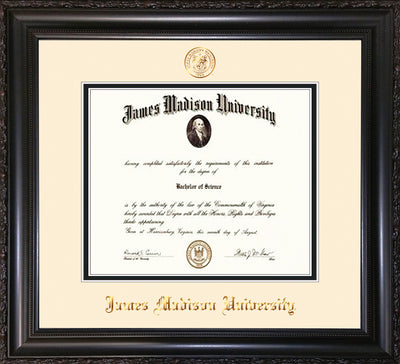 Image of James Madison University Diploma Frame - Vintage Black Scoop - w/Embossed Seal & Name - Cream on Black mat