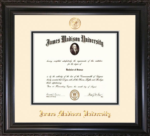 Image of James Madison University Diploma Frame - Vintage Black Scoop - w/Embossed Seal & Name - Cream on Black mat