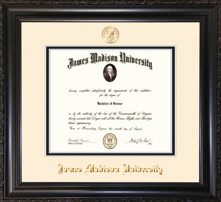 Image of James Madison University Diploma Frame - Vintage Black Scoop - w/Embossed Seal & Name - Cream on Black mat