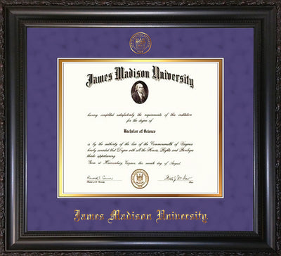 Image of James Madison University Diploma Frame - Vintage Black Scoop - w/Embossed Seal & Name - Purple Suede on Gold mat