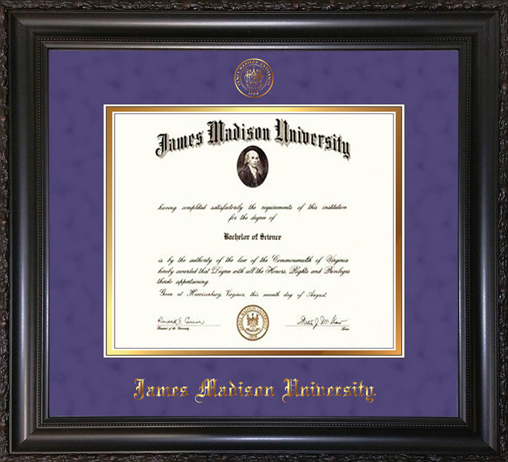 Image of James Madison University Diploma Frame - Vintage Black Scoop - w/Embossed Seal & Name - Purple Suede on Gold mat