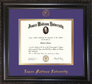 Image of James Madison University Diploma Frame - Vintage Black Scoop - w/Embossed Seal & Name - Purple on Gold mat