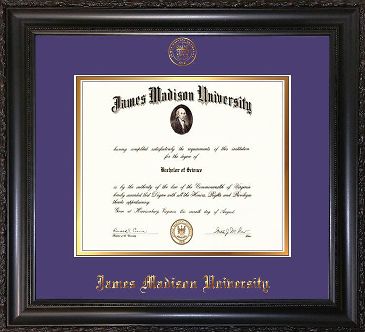 Image of James Madison University Diploma Frame - Vintage Black Scoop - w/Embossed Seal & Name - Purple on Gold mat
