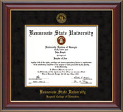Image of Kennesaw State University Diploma Frame - Bagwell College of Education - Cherry Lacquer - with KSU Seal - and BCE Education Name - with Gold Fillet - Black Suede mat