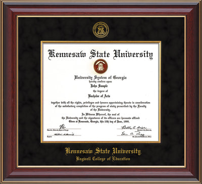 Image of Kennesaw State University Diploma Frame - Bagwell College of Education - Cherry Lacquer - with KSU Seal - and BCE Education Name - with Gold Fillet - Black Suede mat