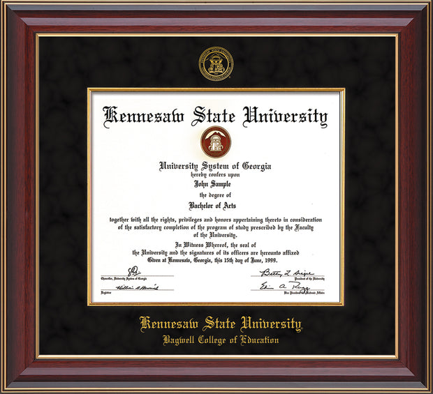 Image of Kennesaw State University Diploma Frame - Bagwell College of Education - Cherry Lacquer - with KSU Seal - and BCE Education Name - with Gold Fillet - Black Suede mat