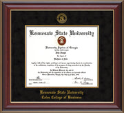 Image of Kennesaw State University Diploma Frame - Coles College of Business - Cherry Lacquer - with KSU Seal - and CCB Business Name - with Gold Fillet - Black Suede mat