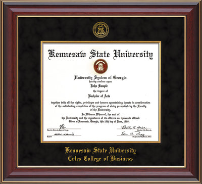 Image of Kennesaw State University Diploma Frame - Coles College of Business - Cherry Lacquer - with KSU Seal - and CCB Business Name - with Gold Fillet - Black Suede mat