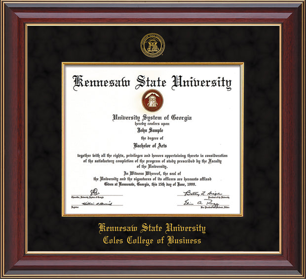 Image of Kennesaw State University Diploma Frame - Coles College of Business - Cherry Lacquer - with KSU Seal - and CCB Business Name - with Gold Fillet - Black Suede mat