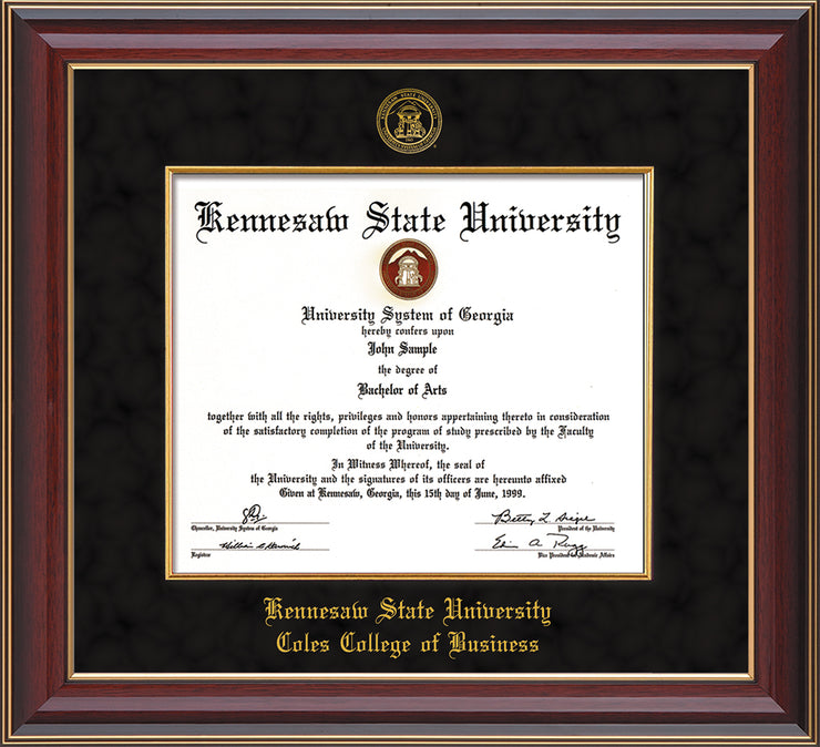 Image of Kennesaw State University Diploma Frame - Coles College of Business - Cherry Lacquer - with KSU Seal - and CCB Business Name - with Gold Fillet - Black Suede mat