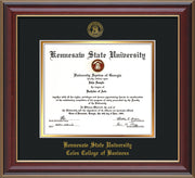Image of Kennesaw State University Diploma Frame - Coles College of Business - Cherry Lacquer- with KSU Seal - and Coles embossing - Black on Gold mat