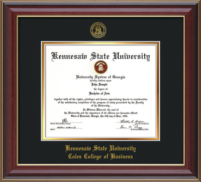 Image of Kennesaw State University Diploma Frame - Coles College of Business - Cherry Lacquer- with KSU Seal - and Coles embossing - Black on Gold mat
