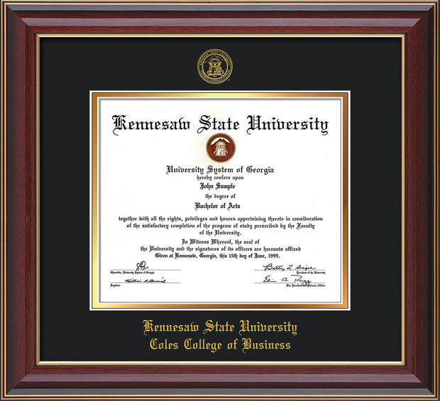 Image of Kennesaw State University Diploma Frame - Coles College of Business - Cherry Lacquer- with KSU Seal - and Coles embossing - Black on Gold mat