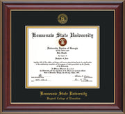 Image of Kennesaw State University Diploma Frame - Bagwell College of Education - Cherry Lacquer - with KSU Seal - and BCE Education Name - Black on Gold mat