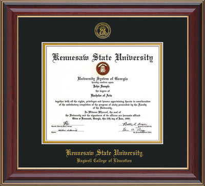 Image of Kennesaw State University Diploma Frame - Bagwell College of Education - Cherry Lacquer - with KSU Seal - and BCE Education Name - Black on Gold mat