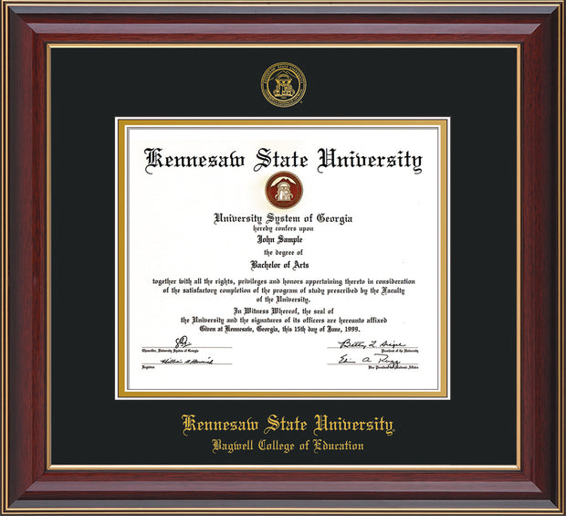Image of Kennesaw State University Diploma Frame - Bagwell College of Education - Cherry Lacquer - with KSU Seal - and BCE Education Name - Black on Gold mat