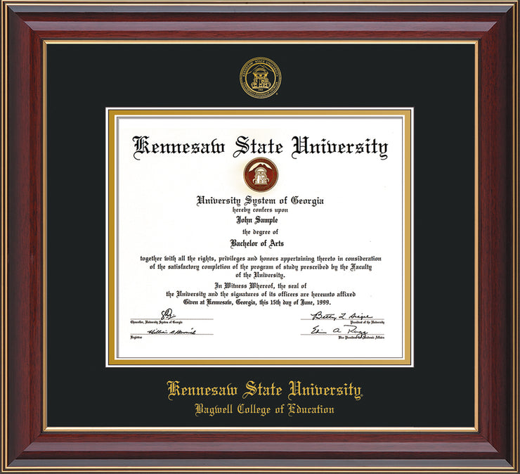 Image of Kennesaw State University Diploma Frame - Bagwell College of Education - Cherry Lacquer - with KSU Seal - and BCE Education Name - Black on Gold mat