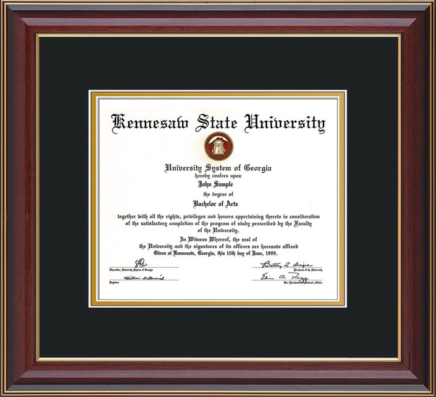 Image of Kennesaw State University Diploma Frame - Cherry Lacquer - w/No Embossing - Black on Gold mat