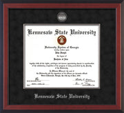 Image of Kennesaw State University Diploma Frame - Cherry Reverse - w/Silver-Plated Medallion & Fillet - w/KSU Name Embossing - Black Suede mat