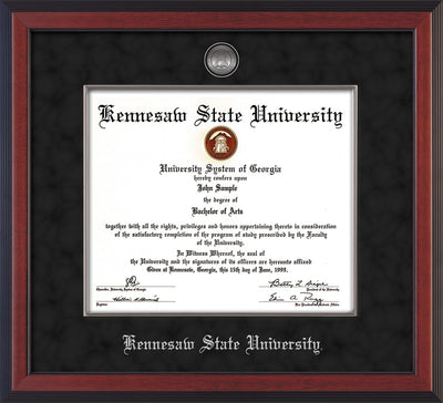 Image of Kennesaw State University Diploma Frame - Cherry Reverse - w/Silver-Plated Medallion & Fillet - w/KSU Name Embossing - Black Suede mat