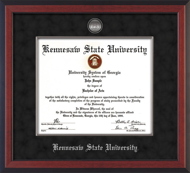 Image of Kennesaw State University Diploma Frame - Cherry Reverse - w/Silver-Plated Medallion & Fillet - w/KSU Name Embossing - Black Suede mat
