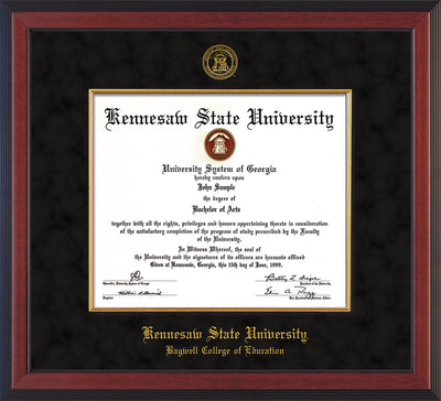 Image of Kennesaw State University Diploma Frame - Bagwell College of Education - Cherry Reverse - with KSU Seal - and BCE Education Name - with Gold Fillet - Black Suede mat