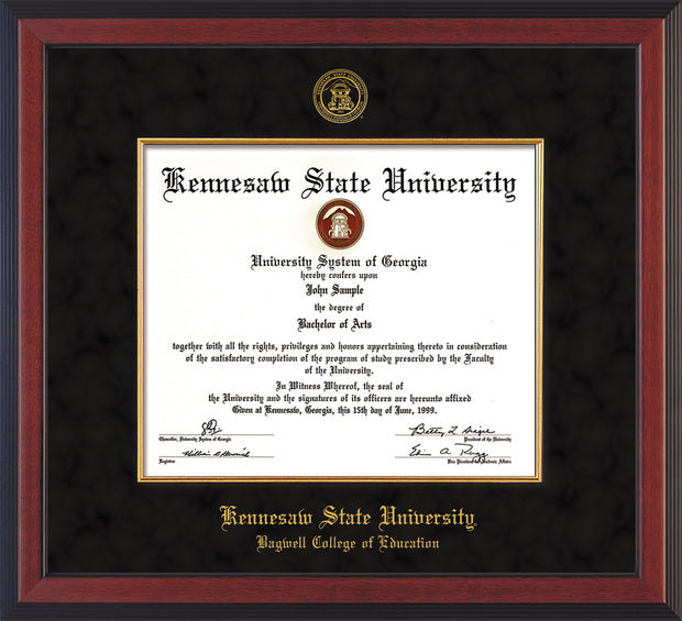 Image of Kennesaw State University Diploma Frame - Bagwell College of Education - Cherry Reverse - with KSU Seal - and BCE Education Name - with Gold Fillet - Black Suede mat