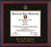 Image of Kennesaw State University Diploma Frame - Coles College of Business - Cherry Reverse - with KSU Seal - and CCB Business Name - with Gold Fillet - Black Suede mat