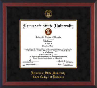 Image of Kennesaw State University Diploma Frame - Coles College of Business - Cherry Reverse - with KSU Seal - and CCB Business Name - with Gold Fillet - Black Suede mat