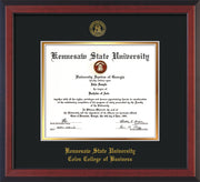 Image of Kennesaw State University Diploma Frame - Coles College of Business - Cherry Reverse- with KSU Seal - and Coles embossing - Black on Gold mat