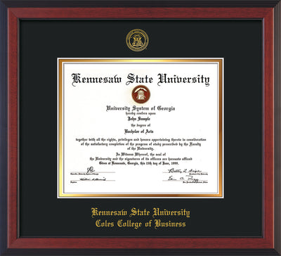 Image of Kennesaw State University Diploma Frame - Coles College of Business - Cherry Reverse- with KSU Seal - and Coles embossing - Black on Gold mat