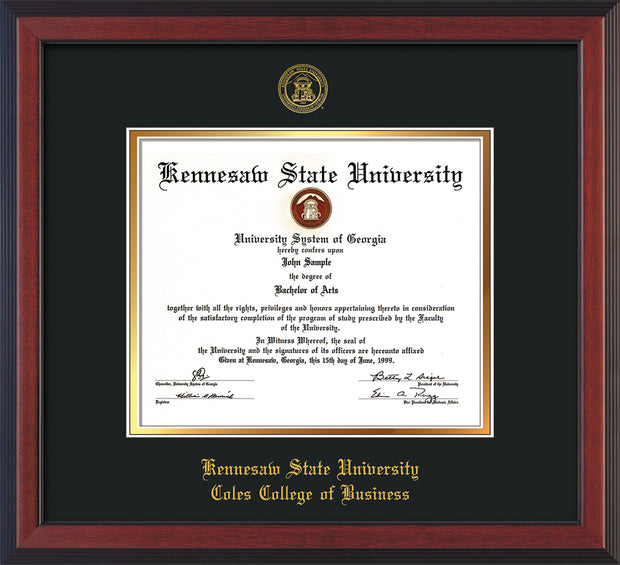 Image of Kennesaw State University Diploma Frame - Coles College of Business - Cherry Reverse- with KSU Seal - and Coles embossing - Black on Gold mat