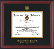 Image of Kennesaw State University Diploma Frame - Bagwell College of Education - Cherry Reverse - with KSU Seal - and BCE Education Name - Black on Gold mat