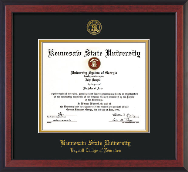 Image of Kennesaw State University Diploma Frame - Bagwell College of Education - Cherry Reverse - with KSU Seal - and BCE Education Name - Black on Gold mat