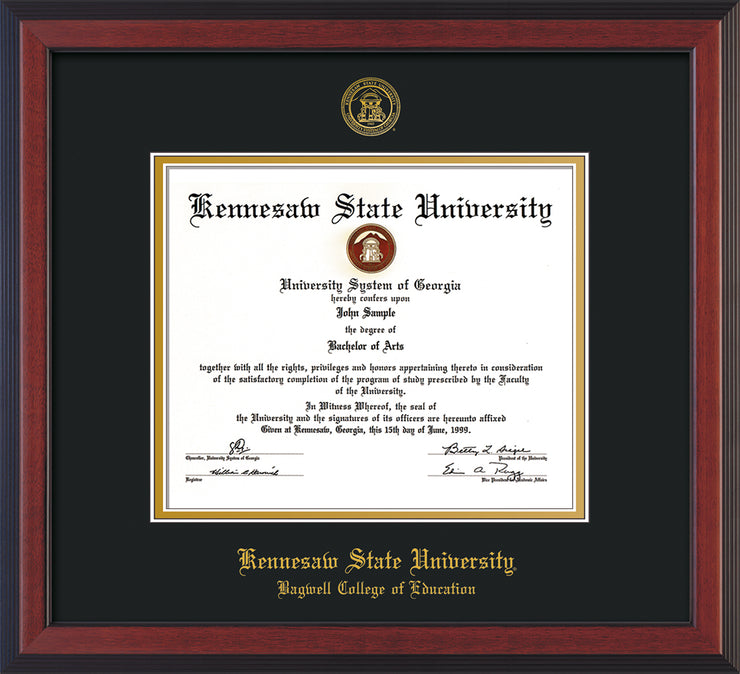 Image of Kennesaw State University Diploma Frame - Bagwell College of Education - Cherry Reverse - with KSU Seal - and BCE Education Name - Black on Gold mat