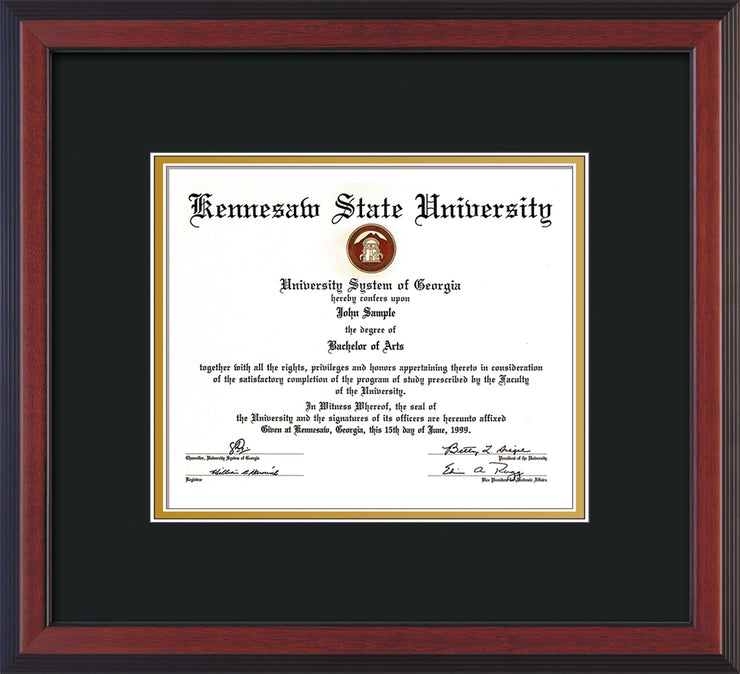 Image of Kennesaw State University Diploma Frame - Cherry Reverse - w/No Embossing - Black on Gold mat