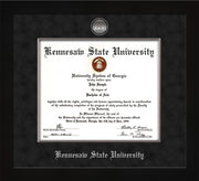 Image of Kennesaw State University Diploma Frame - Flat Matte Black - w/Silver-Plated Medallion & Fillet - w/KSU Name Embossing - Black Suede mat