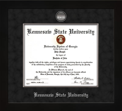 Image of Kennesaw State University Diploma Frame - Flat Matte Black - w/Silver-Plated Medallion & Fillet - w/KSU Name Embossing - Black Suede mat