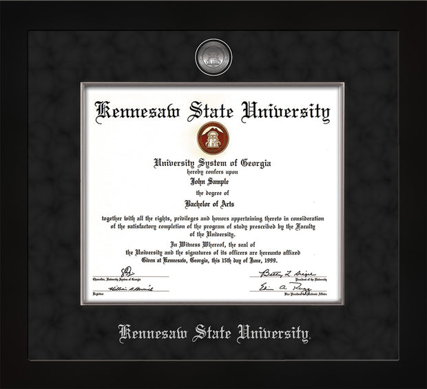 Image of Kennesaw State University Diploma Frame - Flat Matte Black - w/Silver-Plated Medallion & Fillet - w/KSU Name Embossing - Black Suede mat